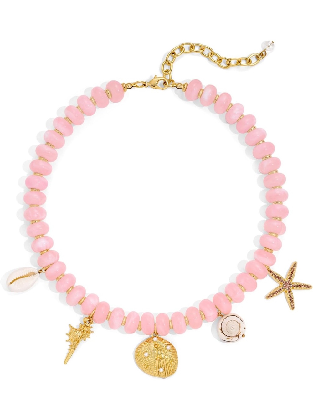 Pink Beaded Shell Charm Necklace - Gold Accents